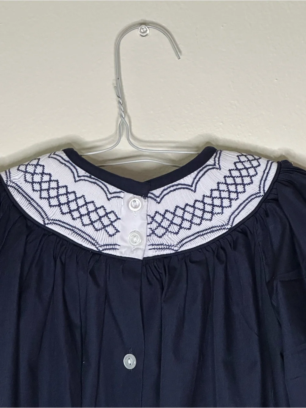 The Beaufort Bonnet Co. 4 T navy and white bishop smocked dress.